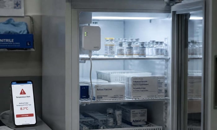 Medical refrigerator temperature monitoring probe on a vaccine shelf, sending a 4G cellular alert to a phone during a temperature excursion.