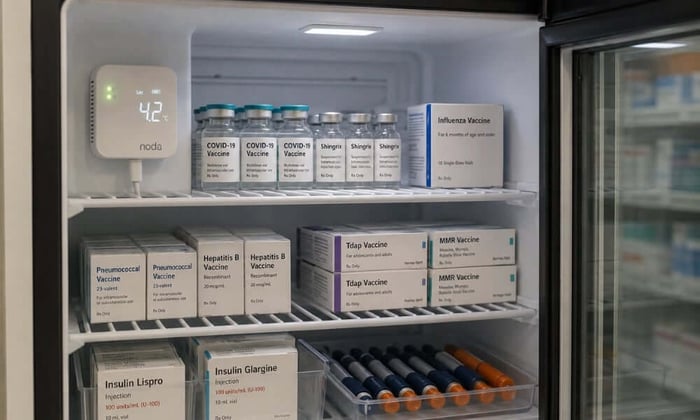 Pharmacy refrigerator with digital data logger monitoring temperature for vaccine and medication storage compliance.