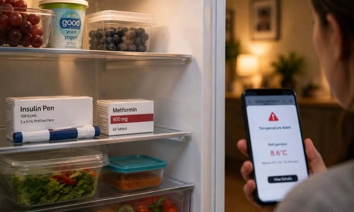 Refrigerated medication stored on a middle shelf at home with a cellular temperature sensor monitoring for power loss and temperature drift.