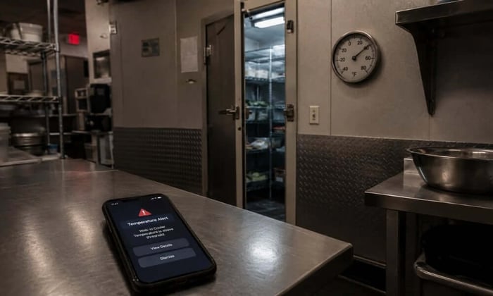 Restaurant temperature monitoring setup showing walk-in cooler and smartphone receiving a food safety alert overnight.