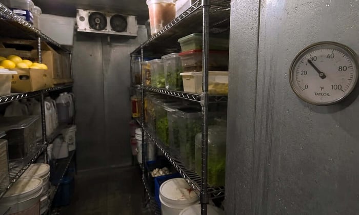 Walk-in cooler temperature display showing 38°F inside a commercial restaurant cold storage unit.