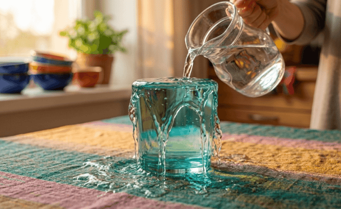 A glass cup overflowing with water on a kitchen table, representing the histamine bucket theory and the root causes of histamine intolerance.