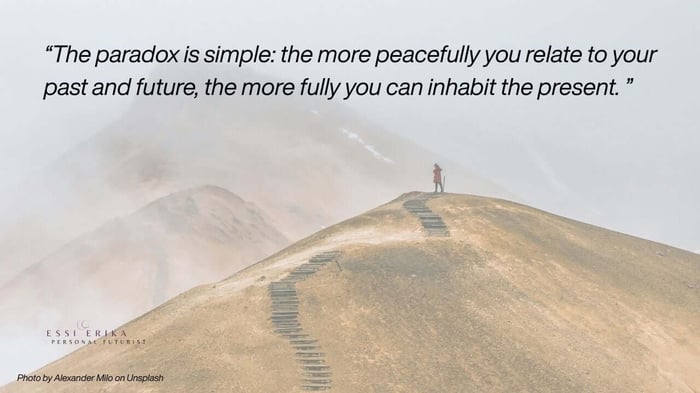 Your mindful presence is strengthened when your relationship with time is healthy: The past is a source of understanding. The future is a field of exploration. The present is the place where you consciously participate in shaping both.