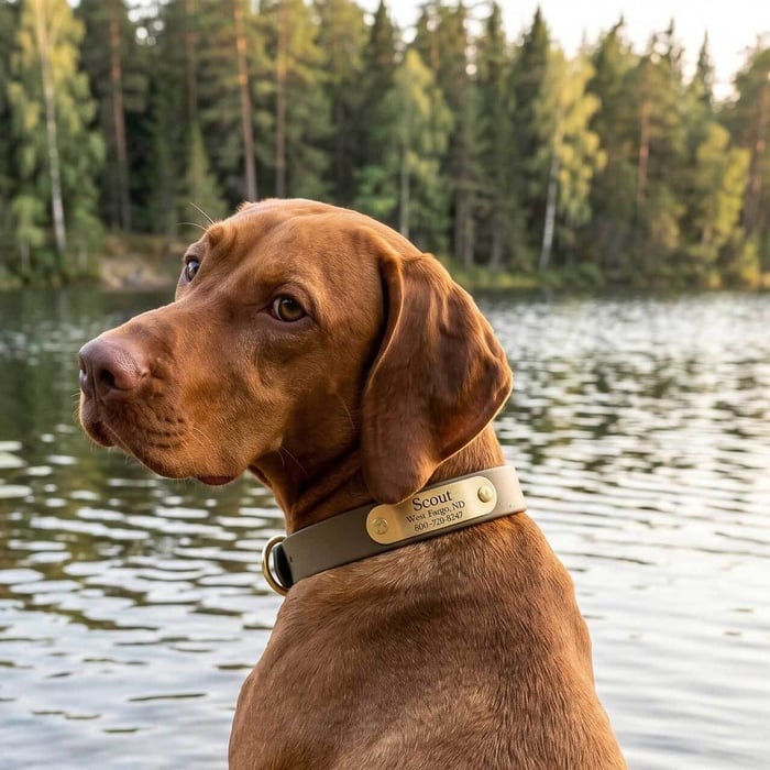 Dog Wearing Engraved Brass Name PlateOne of the Safest Dog ID Tags