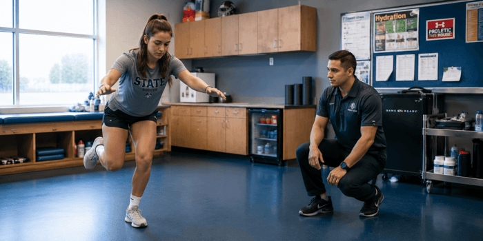 Athletic trainer evaluating lower extremity alignment in a young adult athlete for adjacent joint injury risk after patellofemoral pain