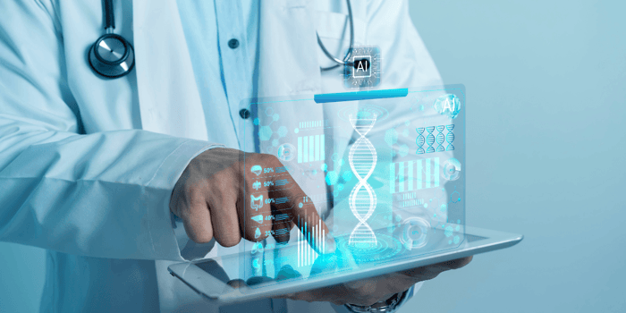 Physical therapist reviewing AI rehabilitation research data on a tablet in an outpatient clinic setting