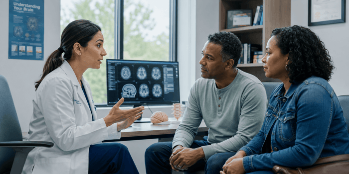Clinician explaining functional neurological disorder diagnosis to an adult patient and family member in a clinic consultation room