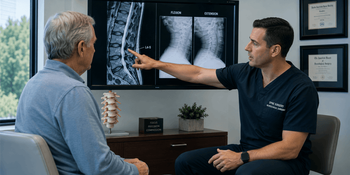Spine surgeon and patient reviewing lumbar imaging for decompression vs fusion spondylolisthesis decision in a clinic