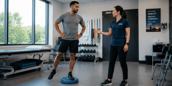 Physical therapist using distraction-based motor retraining with a patient in an outpatient clinic during functional neurological disorder rehabilitation