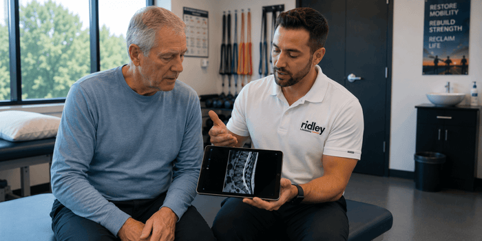Physical therapist reviewing a lumbar MRI with a patient in an outpatient clinic, discussing lumbar spinal stenosis myths and treatment options