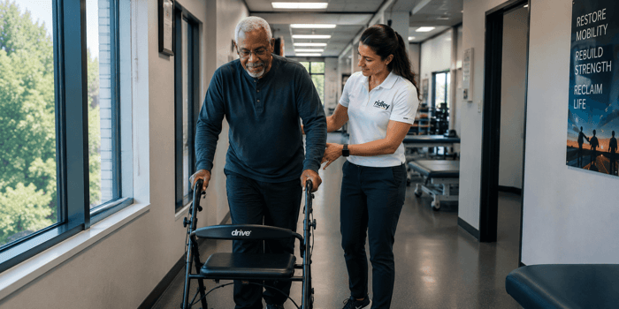 Older adult walking with rollator while physical therapist guides forward-flexed posture during lumbar spinal stenosis rehabilitation