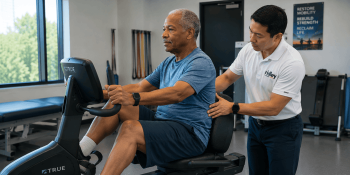 Older adult performing flexion-based exercise on stationary bike during lumbar spinal stenosis rehabilitation in an outpatient clinic
