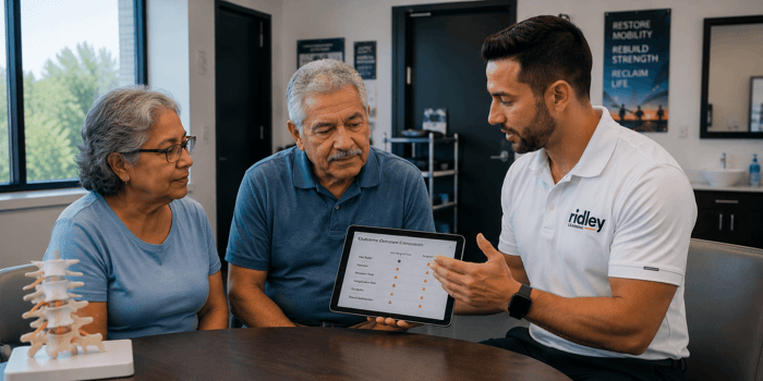 Clinician and older adult patient reviewing surgical and rehabilitation options for lumbar spinal stenosis on a tablet in clinic