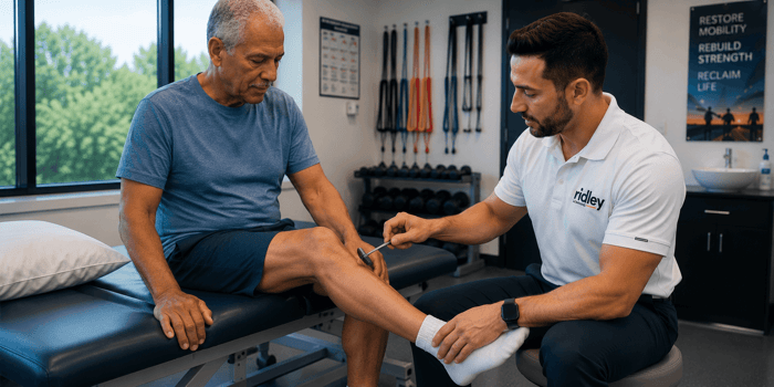 Clinician performing neurological screening exam on an older adult patient for neurogenic claudication red flags assessment