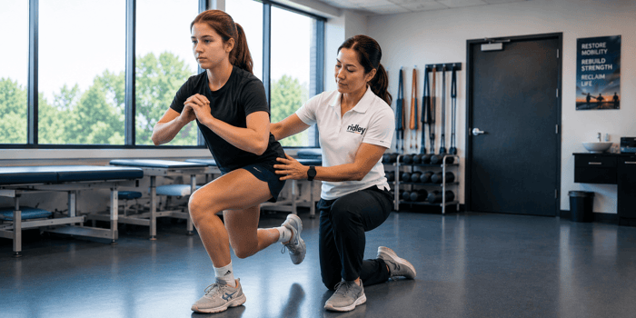 Physical therapist guiding hip and knee strengthening exercises during patellofemoral pain syndrome treatment in an outpatient clinic