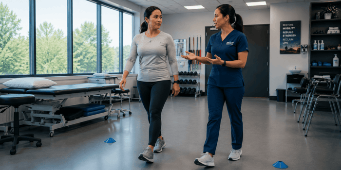 Physical therapist delivering specialist FND intervention to a patient with functional motor disorder in an outpatient clinic