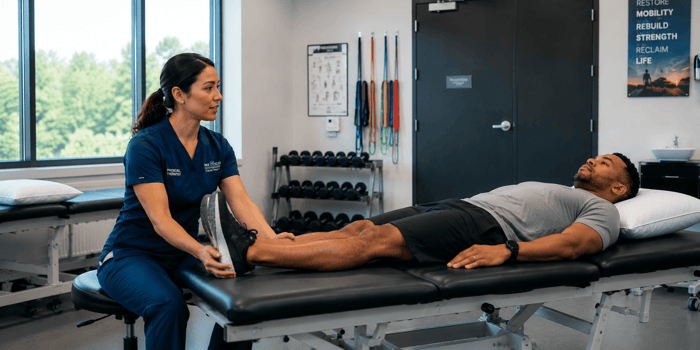 Physical therapist performing Hoover's sign on an adult patient as part of positive signs functional neurological disorder evaluation