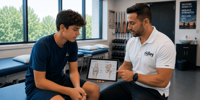 Physical therapist talking with adolescent patient about pain neuroscience during psychologically informed patellofemoral pain care session