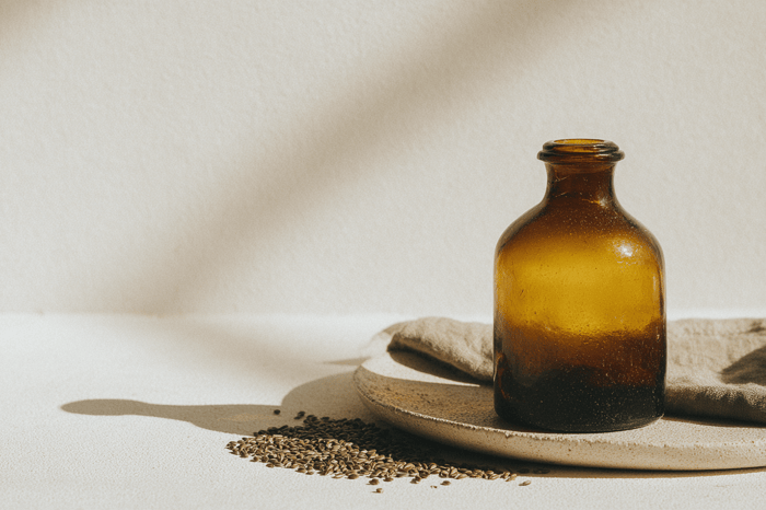 Schwarzkümmelöl Thymochinonwert - Bild von Braunglas-Flasche und Samen