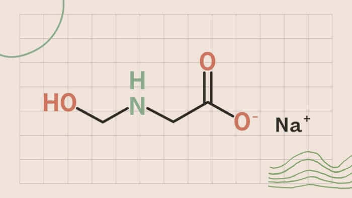 Chemical structure diagram of sodium hydroxymethylglycinate showing molecular bonds and atoms on grid background
