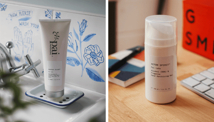 Pai Soapsud Island hand wash beside bathroom sink next to Acton Spirit hand sanitising gel on wooden desk