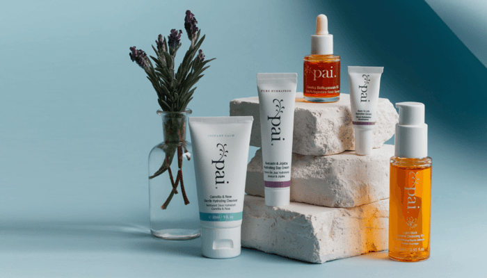 Back To Life Hydration Hit Kit with Camellia & Rose products displayed on stone blocks with lavender