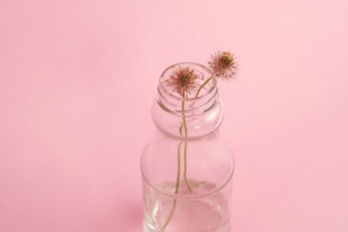 Delicate pink flowers in glass jar on soft pink background, symbolizing gentle care for sensitive skin