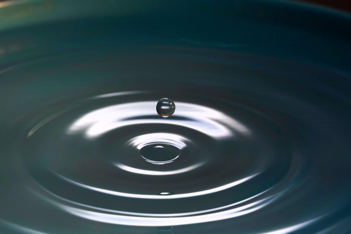 Single droplet suspended above rippling water surface creating concentric circles