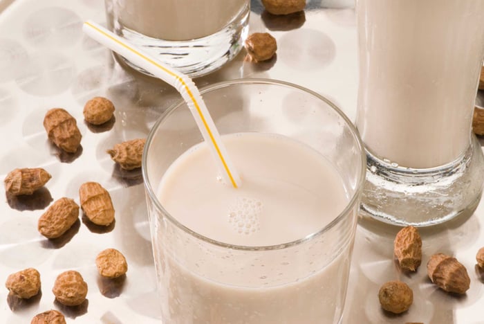Glass of creamy tiger nut milk with scattered raw tiger nuts around glass on white surface