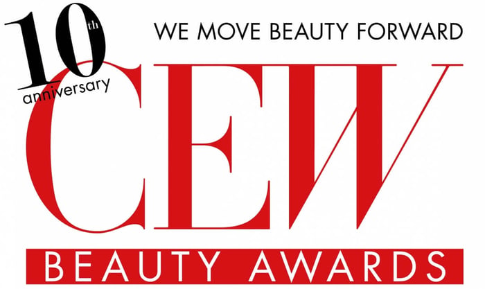 CEW Beauty Awards 10th anniversary logo featuring red typography and 'We Move Beauty Forward' tagline