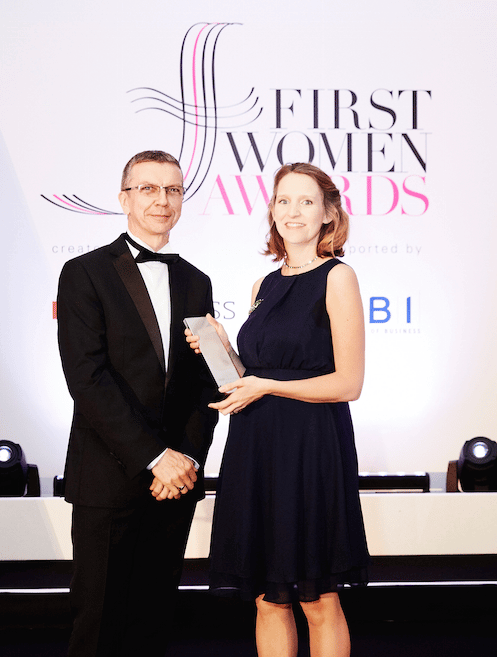 Sarah Brown accepting First Woman in Manufacturing award at First Women Awards ceremony
