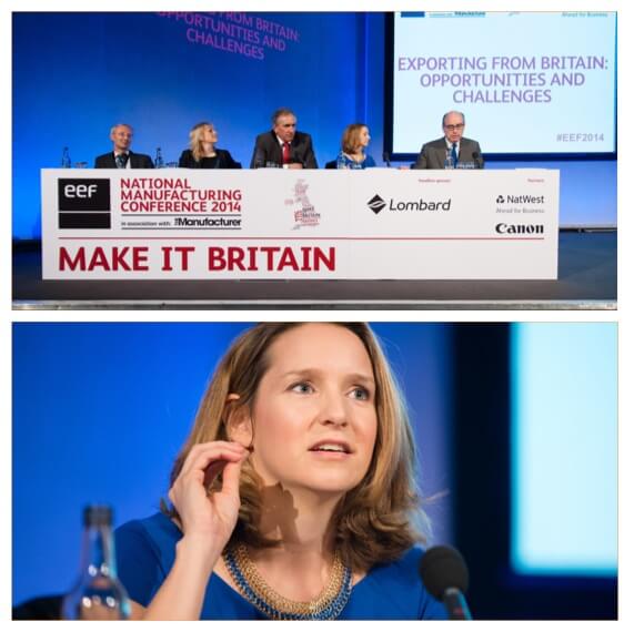 Sarah Brown, Pai Skincare founder, speaking at EEF National Manufacturing Conference panel with Make it Britain branding