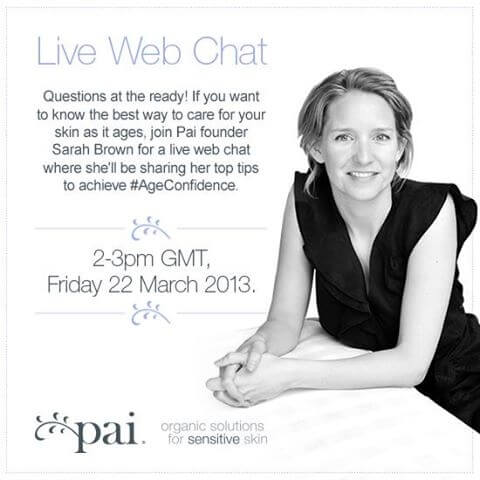 Sarah Brown, Pai Skincare founder, wearing a black sleeveless dress, promoting a live web chat about sensitive skin care