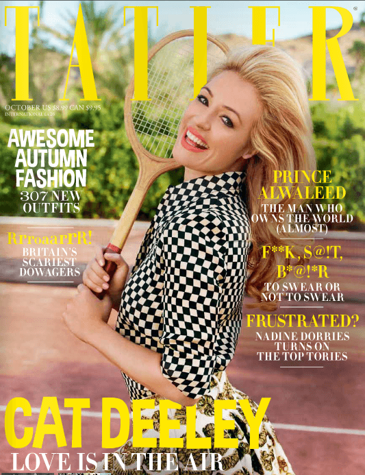 Tatler magazine October cover featuring blonde model in checkered top with tennis racket on court