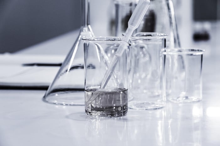 Clear laboratory glassware with droppers in clean white research environment for skincare formulation