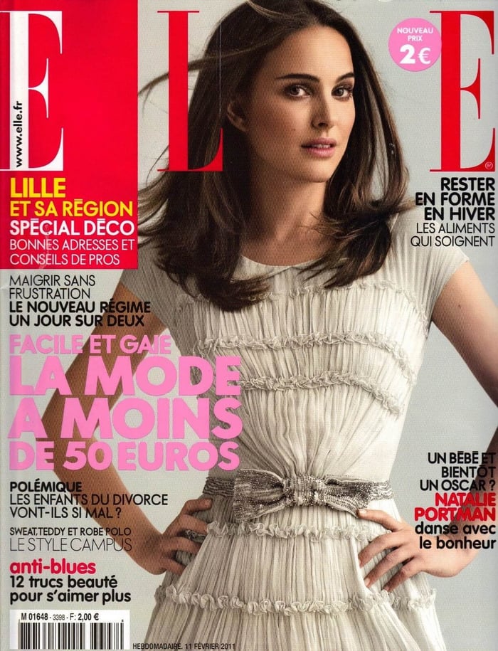 Natalie Portman wearing elegant white textured dress on Elle France magazine cover featuring beauty and skincare content