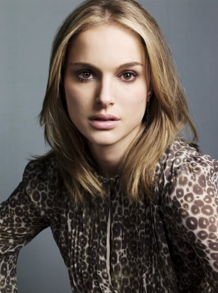 Natalie Portman portrait with natural glowing complexion in leopard print top