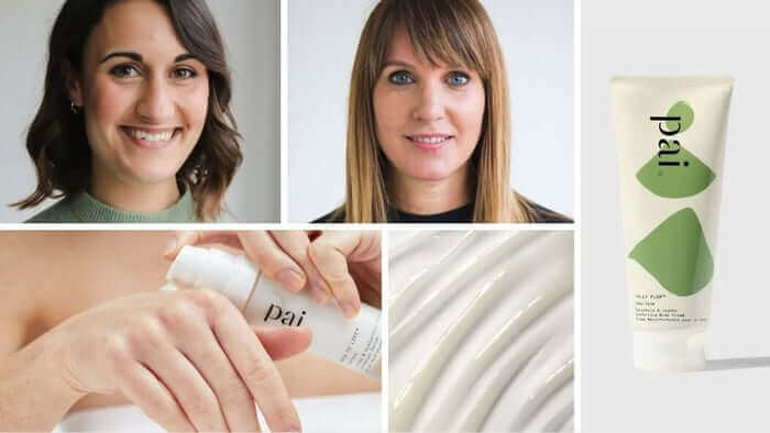 Collage showing sensitive skin experts and Pai skincare products including cream texture and cleanser tube