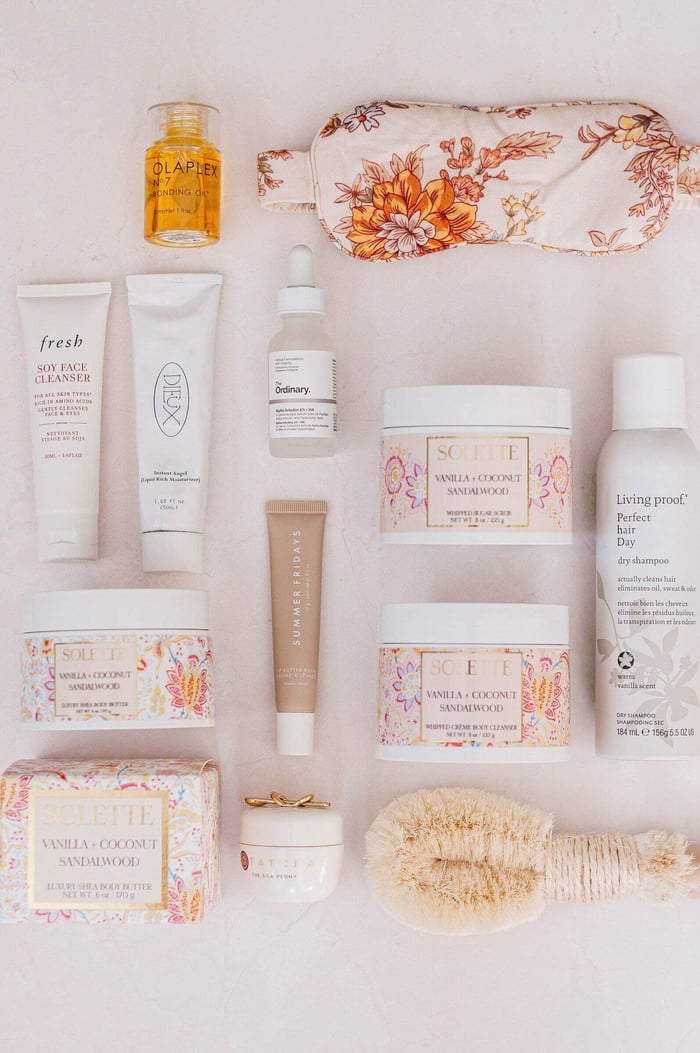 flatlay of beauty products from solette and other expensive body products