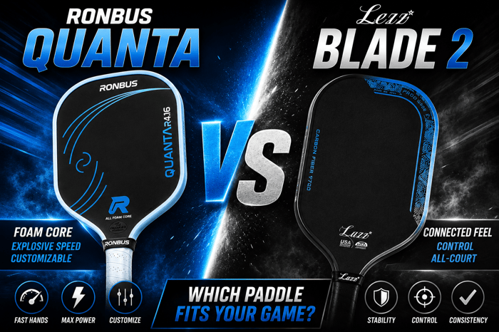 Ronbus Quanta vs LUZZ Blade 2 pickleball paddle comparison showing foam-core speed versus connected all-court control