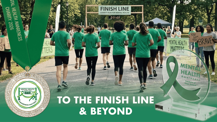 Event participants approaching the finish line in support of mental health awareness, featuring medal and acrylic trophy awards for charities, fundraisers and causes.
