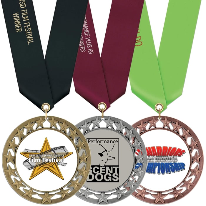 Personalized insert medals with full color center designs and custom printed satin neck ribbons