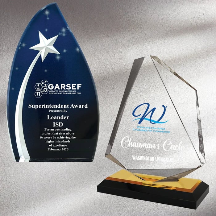 Engraved and full color trophy acrylic awards for any event, celebration, or ceremony