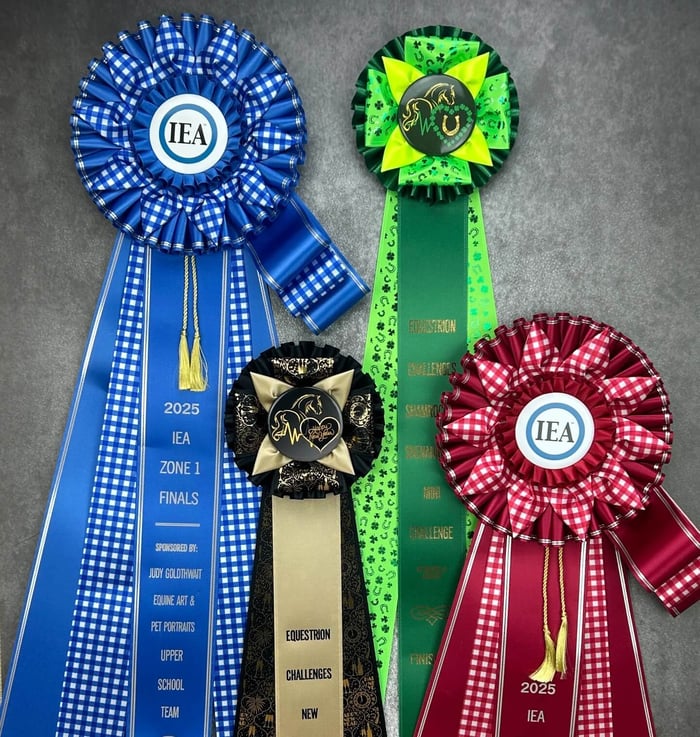 Colorful and personalized custom rosettes in different ribbon colors, designs, and text.