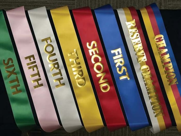 Stock derby rider sashes available in several place colors