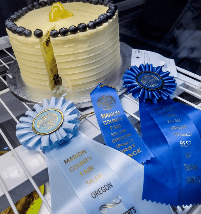 Homemade blueberry lemon cake wins Blue Ribbon award at local county fair.