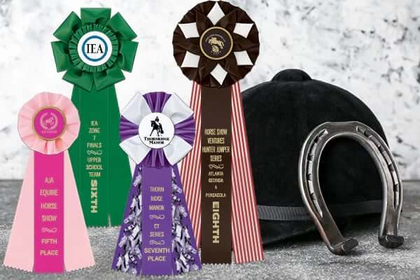 Rosette horse show awards in colorful place colors and vibrant multicolor ribbon designs.