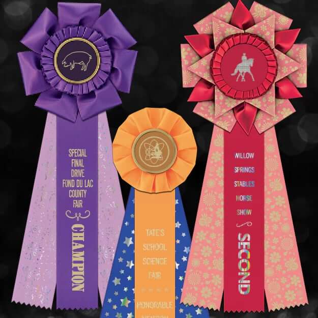 Colorful, eye-catching rosette awards customized with foil printed side streamer ribbon designs for an elevated look