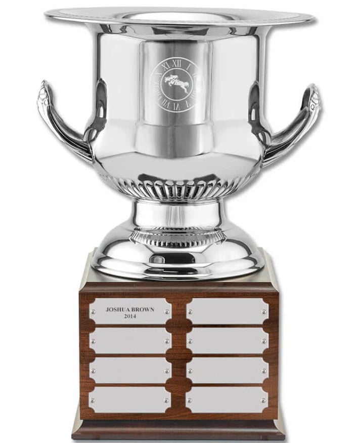Custom engraved wine cooler silver awards presented on a perpetual base for timeless display of achievement.
