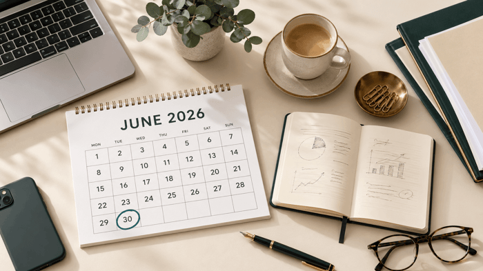 EOFY tax tips small business: a notebook, calculator and laptop on a desk for end of financial year planning.